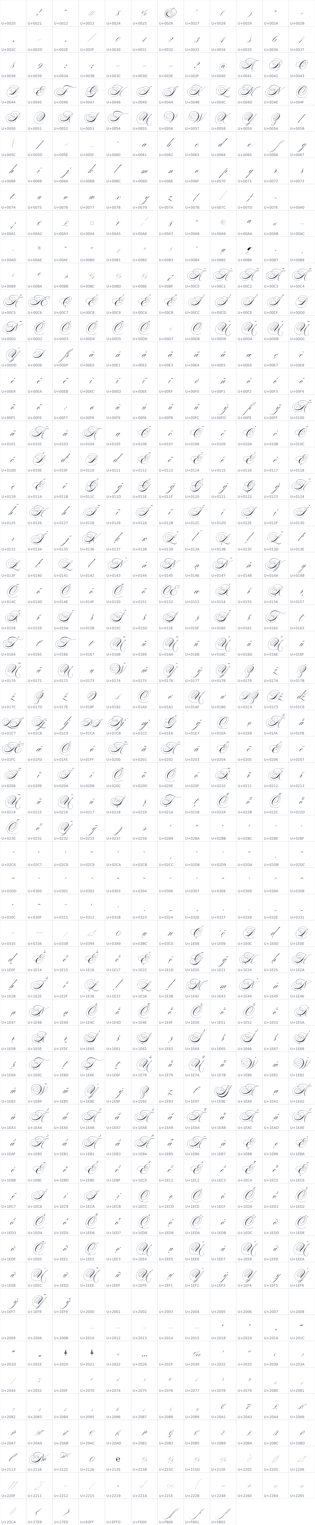 All 693 characters in Ballet 16pt