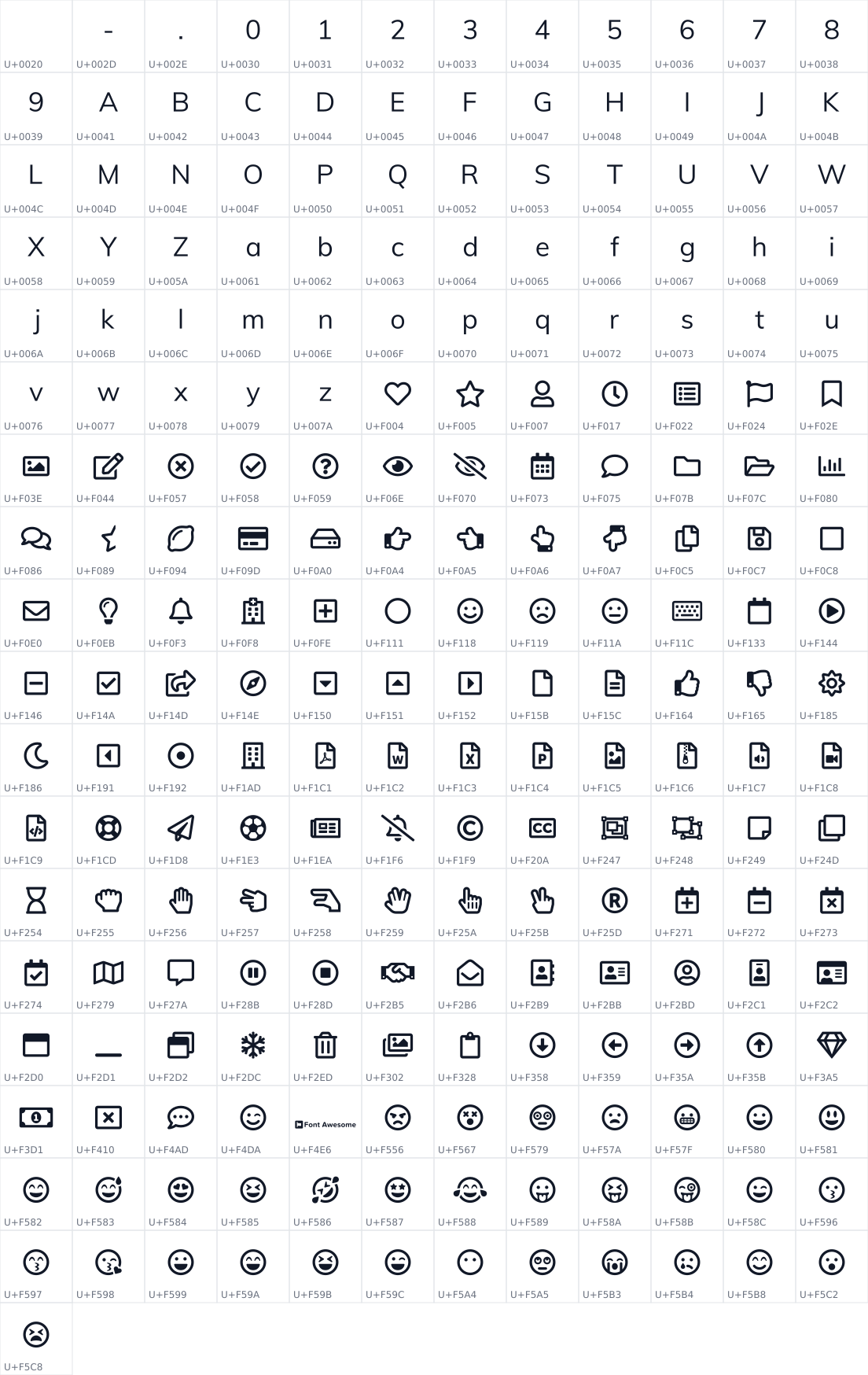 All 217 characters in Font Awesome 5 Free