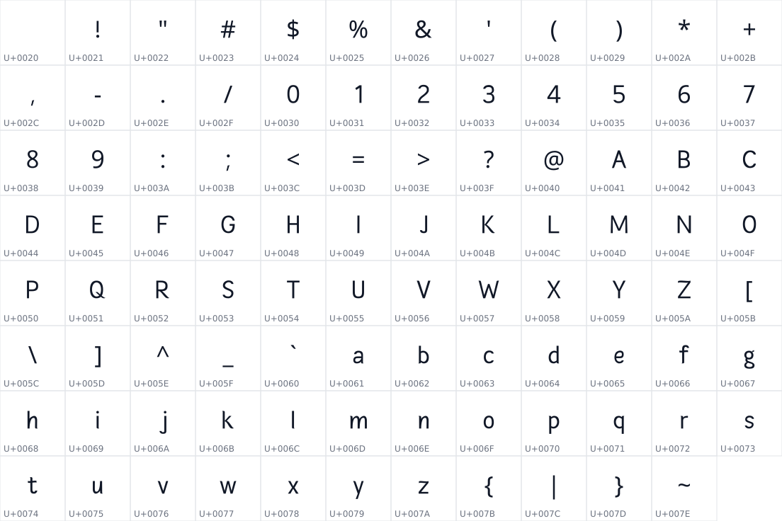 All 95 characters in Hibiscus Sans
