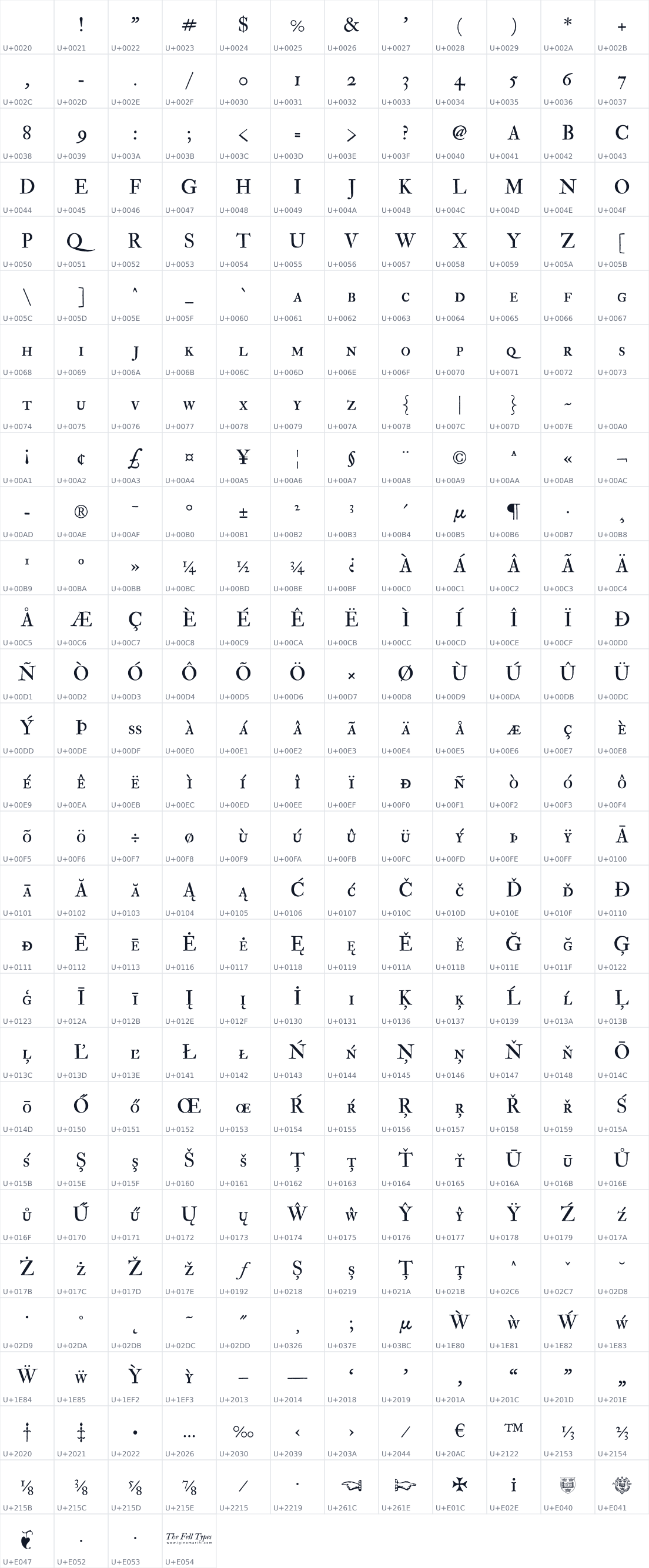 All 340 characters in IM Fell Double Pica SC