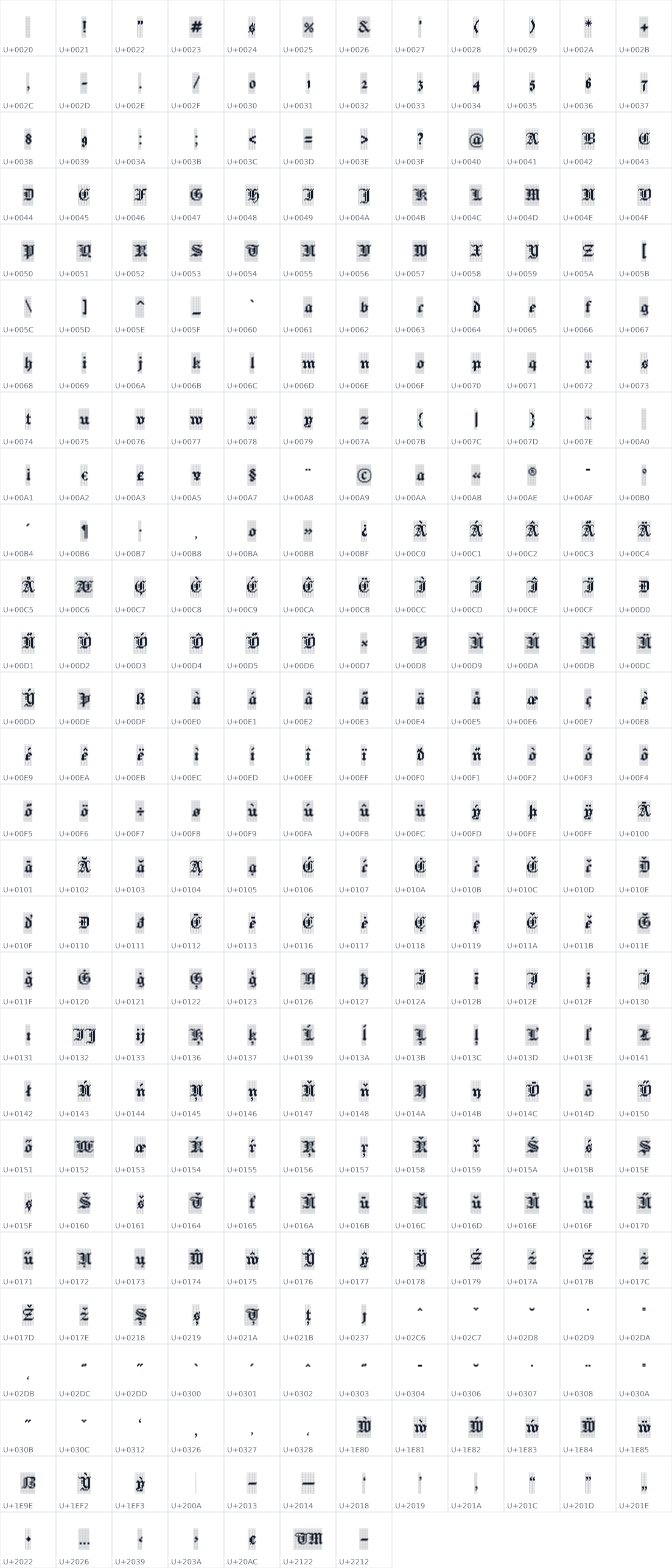 All 331 characters in Jacquard 12 Charted