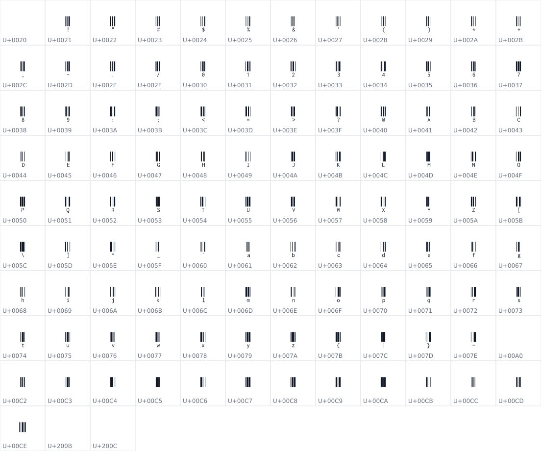 All 111 characters in Libre Barcode 128 Text