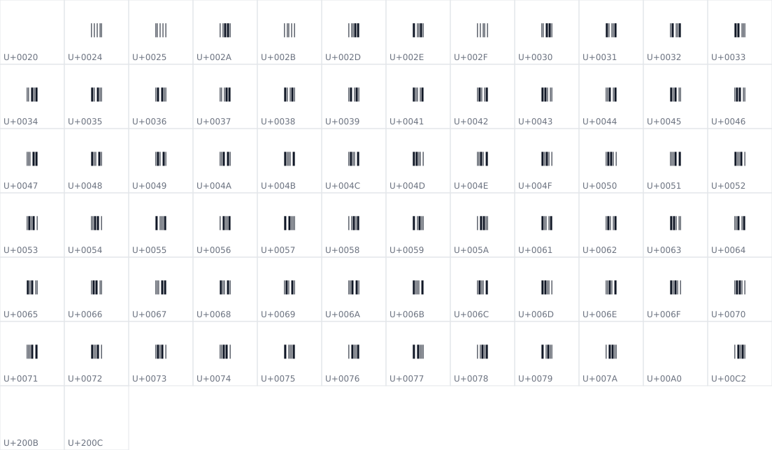 All 74 characters in Libre Barcode 39