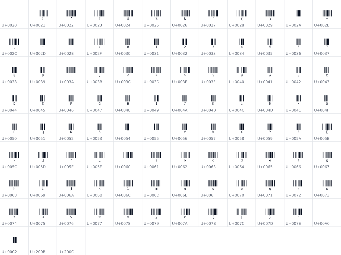 All 99 characters in Libre Barcode 39 Extended Text