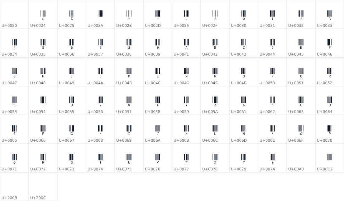 All 74 characters in Libre Barcode 39 Text