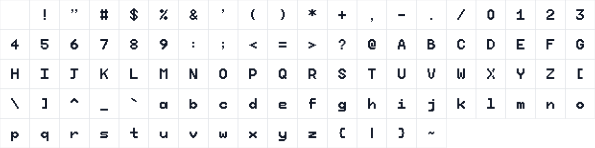 The first characters in Niji Pixel Bold 16