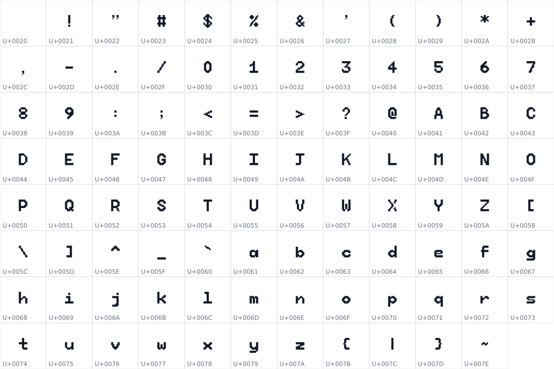 All 95 characters in Niji Pixel Bold 16