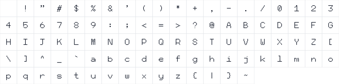 The first characters in Niji Pixel Regular 16