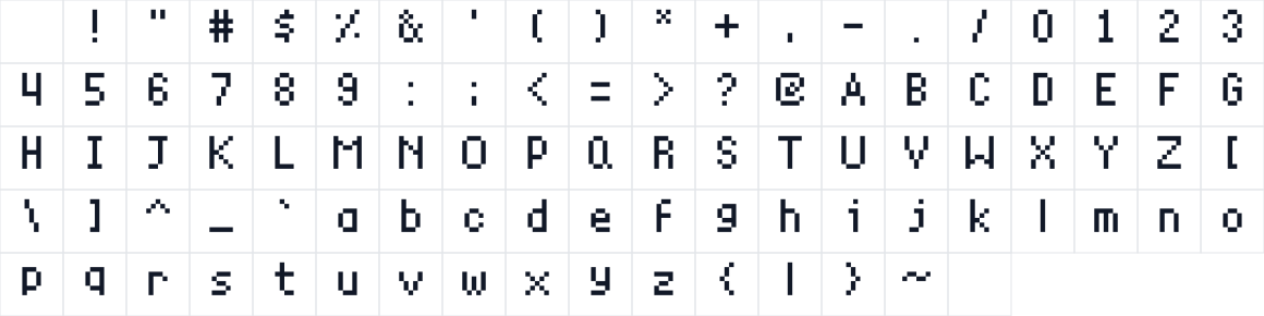 The first characters in SevenPixelsFont