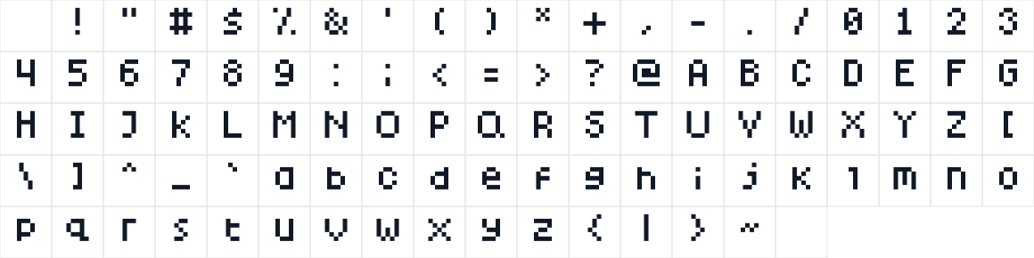 The first characters in SixPixelsFont